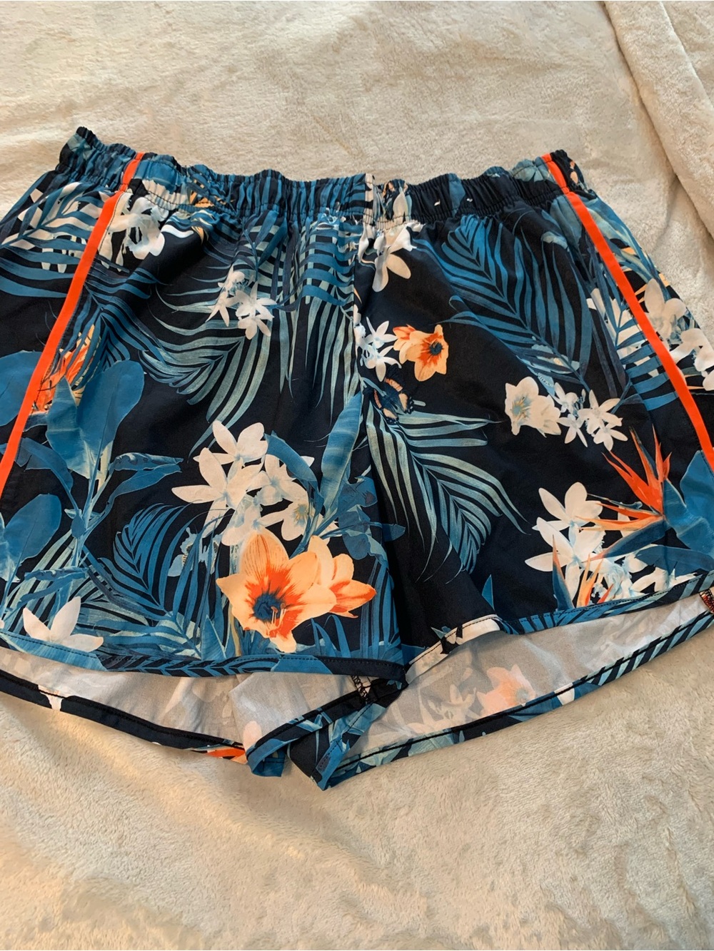 Xersion Navy Floral Athletic Shorts with Orange Trim